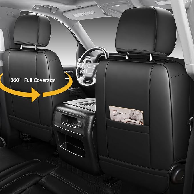 Custom Napa Leather Seat Covers for Chevy Silverado & GMC Sierra Crew Cab, 46-Split Flat Rear Bench Design, Compatible with 2019-2026 1500 and 2020-2026 2500HD 3500HD(Full Set, Black)