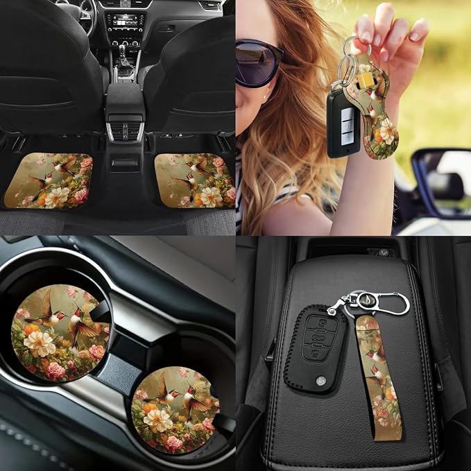 Hummingbird Flower Car Seat Covers Full Set of 17 Pcs,Hummingbird Car Accessories with Steering Wheel Covers Seat Belt Shoulder Pad Keychains Vehicle Interior Seat Mat Cover for Women Gifts
