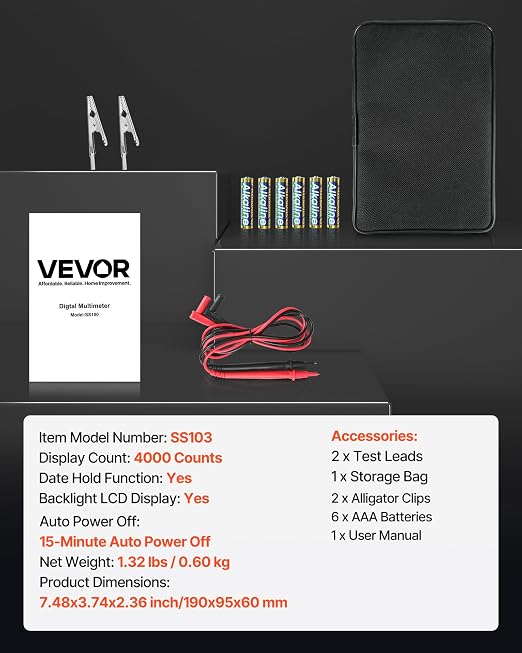 VEVOR Digital Multimeter, 4000-Count TRMS Voltmeter Ohmmeter, 1000V AC/DC Voltage Tester with Switchable Auto/Manual Range for Voltage, Resistance, and Continuity Measurment