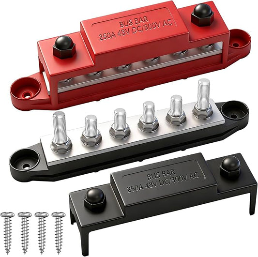 250A 12V Bus Bar Marine, 1/4" Power Distribution Block, Battery Buss Bar, Automotive Busbar Terminal Block for Car and Boat, 6 x 1/4"(M6) Studs (Black+Red)