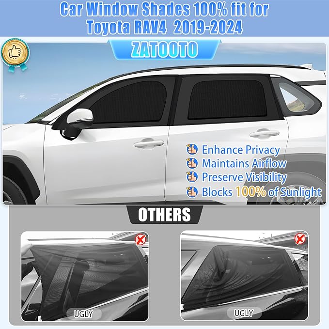 ZATOOTO Car Window Shades for Toyota RAV4 2019-2024 Car Window Covers Blackout | Double-Layer with Zipper | Airflow and Privacy RAV4 Window Screen with Storage Bag for Camping Napping Traveling