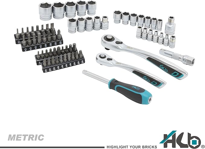 HB AKX002 66-Piece Socket Set 1/4" & 3/8" Drive, 120-Tooth Ratchet Handles, Quick Release, Offset Design, Cr-V Sockets & S2 Bits, Sliding Storage Rack, Professional Tool Set, Made in Taiwan