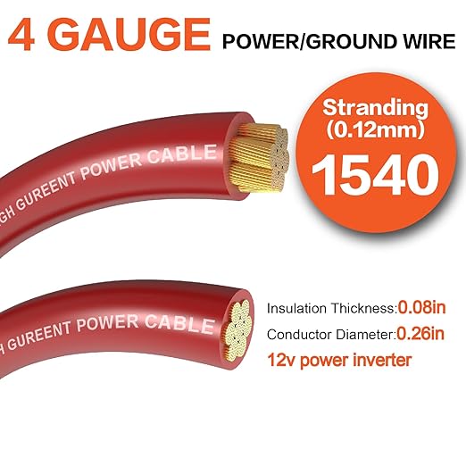 4 Gauge Wire (25ft Each - Red/Black) Copper Clad Aluminum CCA - Primary Automotive Wire,Battery Power/Ground Cable, 20PCS Lugs Terminal Connectors,20PCS 3:1 Heat Shrink Tubing with 100A ANL Fuse