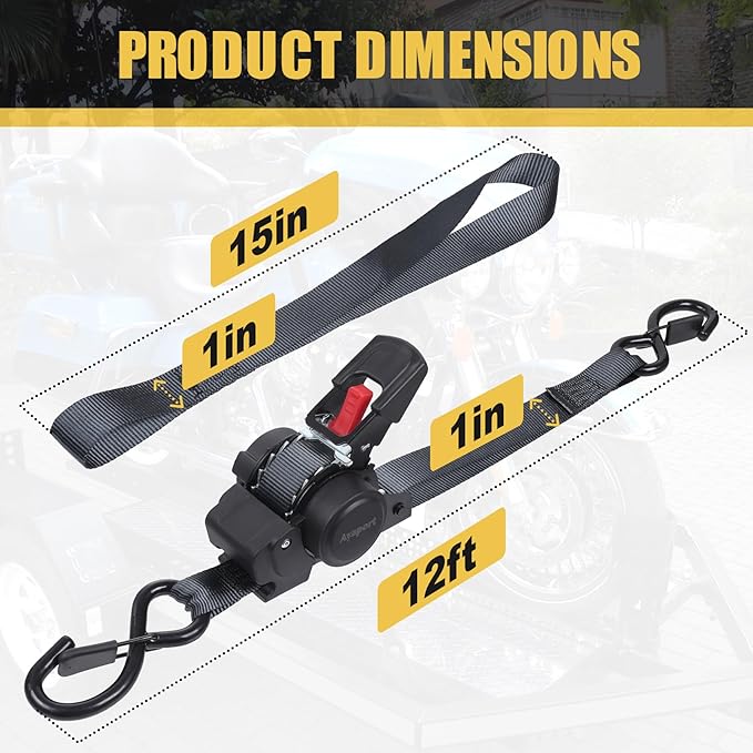 Ayaport Retractable Ratchet Straps 1in X 12ft(4PK)-1500lb Break Strength, Heavy Duty Ratchet Straps Self Retractable Tie Downs with Soft Loops for Motorcycle, Dirt Bike, Cargo, Truck Accessories