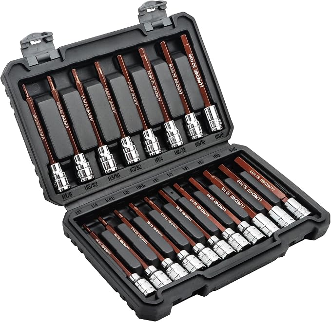 LLNDEI 19PCS 3/8-Inch Drive Extra Long Allen Hex Bit Socket Set&25 PCS Screw Extractor Set