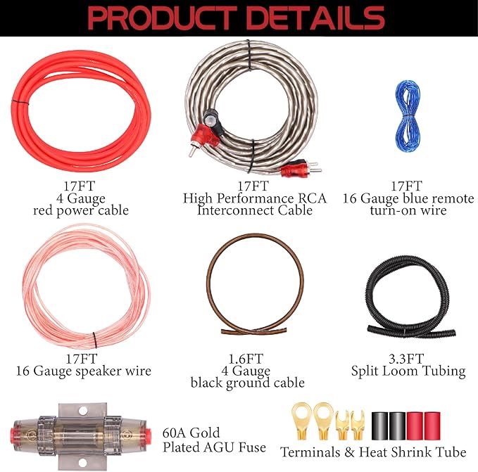 4 Gauge Amp Subwoofer Wiring Kit,Make Connections and Brings Power to Your Amplifier,Audio,Subwoofers and Speakers