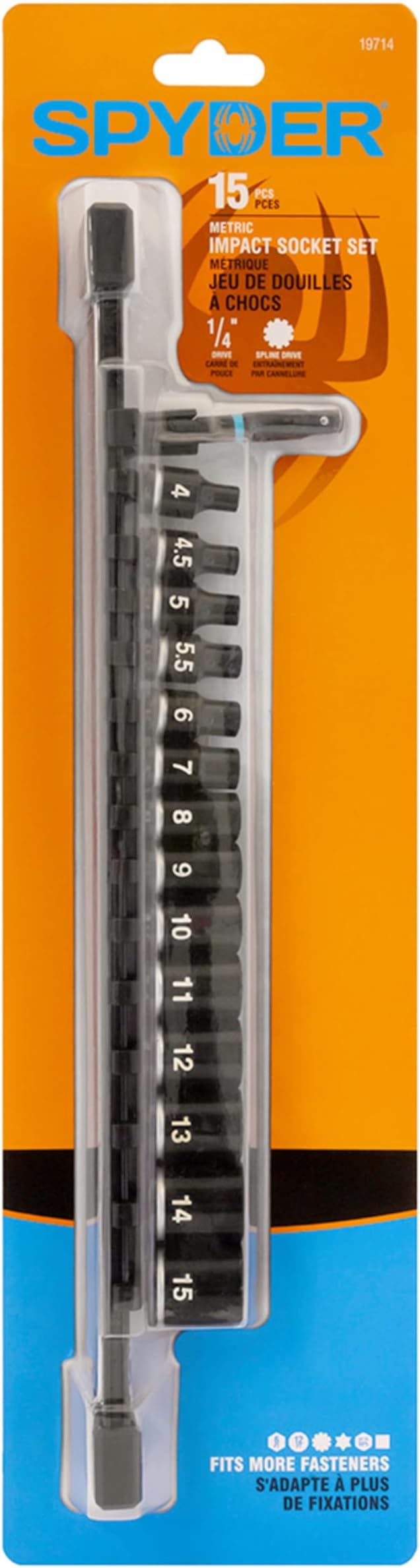 Spyder 15-Piece 1/4-inch Spline Drive Metric Shallow Impact Socket Set with Adapter, for 6pt, 12pt, Star, Square, Spline and Damaged Fasteners