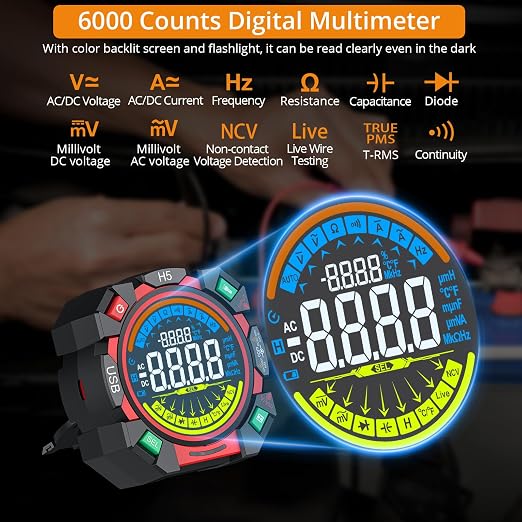 Neoteck 6000 Counts TRMS Multimeter Rechargeable Auto-Ranging Volt Meter for AC/DC Voltage & Current Electric Meter Tester with Color Screen for NCV Diode Continuity Resistance Capacitance Temperature