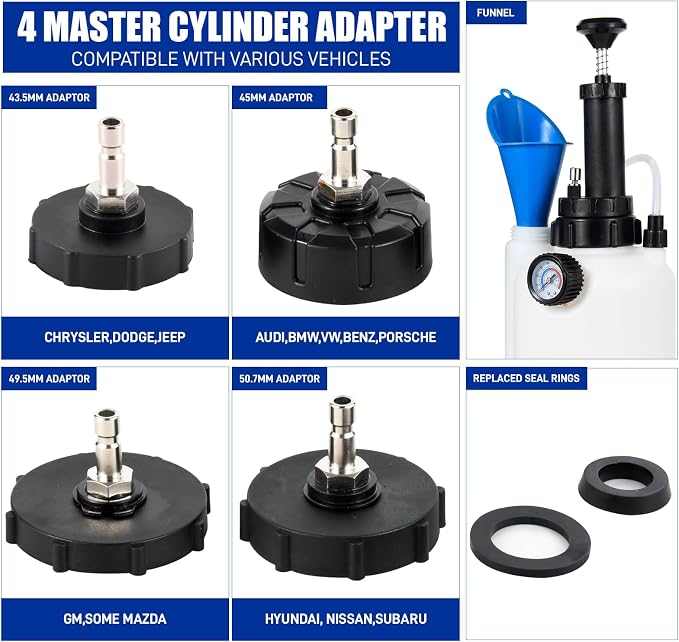 3L Brake Bleeder Kit with Pressure Pump, Brake Fluid Bleeder Kit with 1L Brake Bleeder Bottle and 4 Master Cylinder Adapters for European and American Vehicle