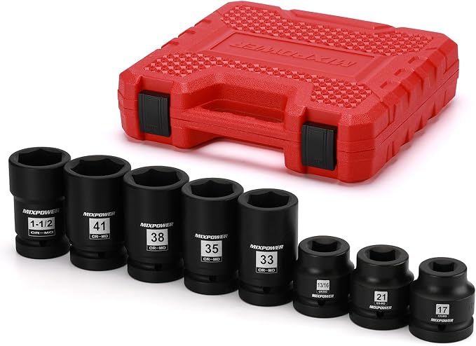 MIXPOWER 8PCS 1"Drive Impact Socket Set - 17mm, 21mm, 13/16" Square, 1-1/2" Budd Wheel, 33mm, 35mm, 38mm, 41mm Deep Impact Sockets for Truck Tire Service