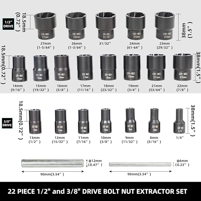DPTOOL 22 Piece Bolt Nut Extractor Set, 1/2" and 3/8" Drive Impact Lug Nut Remover Socket Tool, Wheel Lock Removal Kit for Extracting Damaged, Stripped Frozen Nuts & Screws Twist Socket Set