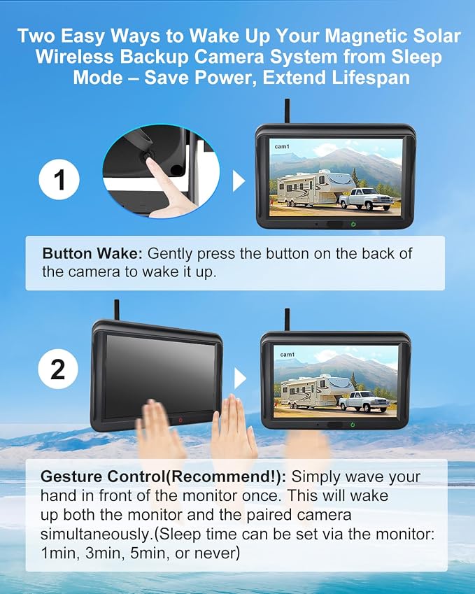 Magnetic Solar Wireless Backup Camera: AI Pedestrian & Vehicle Detection, 1-Min Install, No Wiring/Drilling, Gesture Control,Rechargeable Battery, Night Vision, 5" 1080P Monitor for RV, Trailer, Truck