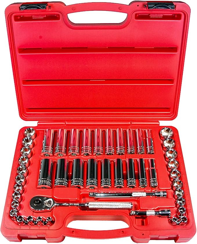 K Tool International 22047 Socket Set with 3/8" Drive for Garages, Repair Shops and DIY, Metric, SAE, 6-Point, Heat-Treated, Chrome Vanadium Steel, Molded Case, Pro-Ratchet, (2) Extensions, 47 Piece