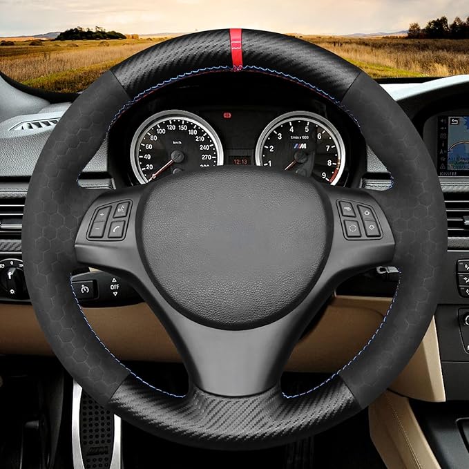 MEWANT Steering Wheel Cover for BMW 1 Series E81 E82 E87 E88 /3 Series E90 E91 E92 E93/ M3 E90 E92 E93Hand Stitch Suede and Carbon Fiber