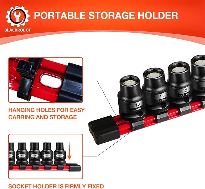 BLACKROBOT 1/2" Drive Magnetic Impact Socket Set, 15-Piece Shallow Socket Set with Storage Rail, Metric Size (10-22mm, 24mm, 27mm), 6-Point Magnetic Sockets, Cr-Mo Steel