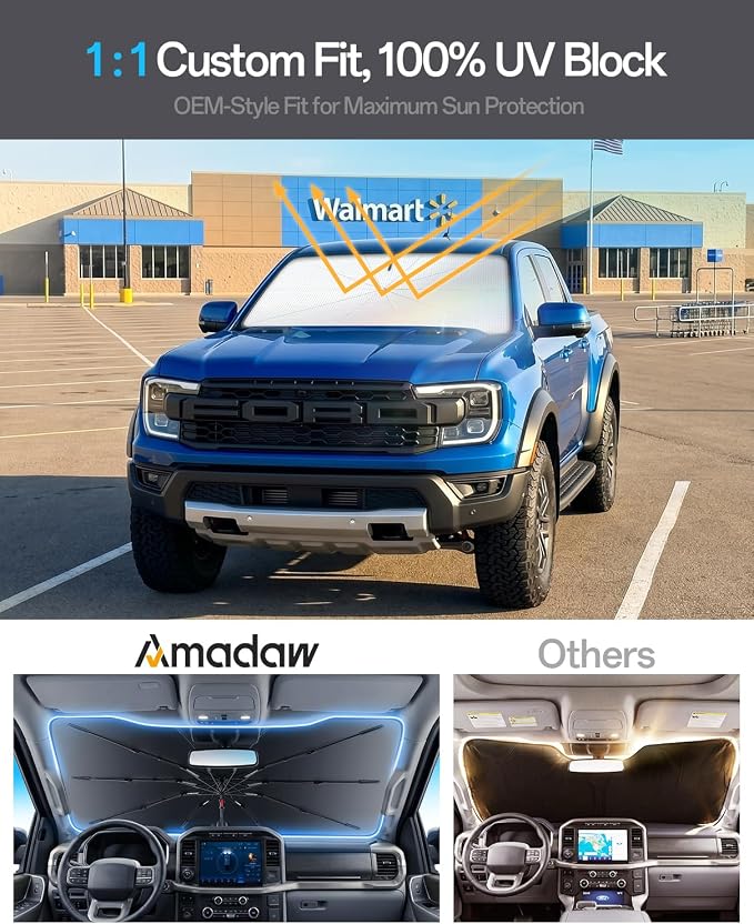 Windshield Sun Shade for Ford Ranger 2000–2026, Foldable Umbrella Sunshade with 100% UV Block, Multi-Layer Heat Insulation, Reinforced 10-Rib Frame, Keeps Car Cooler, Summer Car Accessory