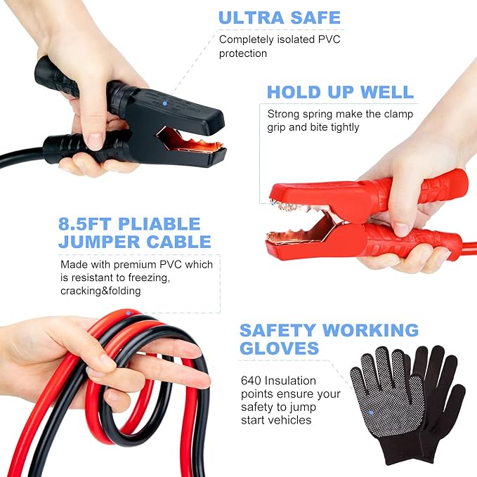 AUTODECO 98 PCS Roadside Car Emergency Assistance Kit with Portable Air Compressor Jumper Cables Safety Hammer All in One Pliers Tool Set（Black）