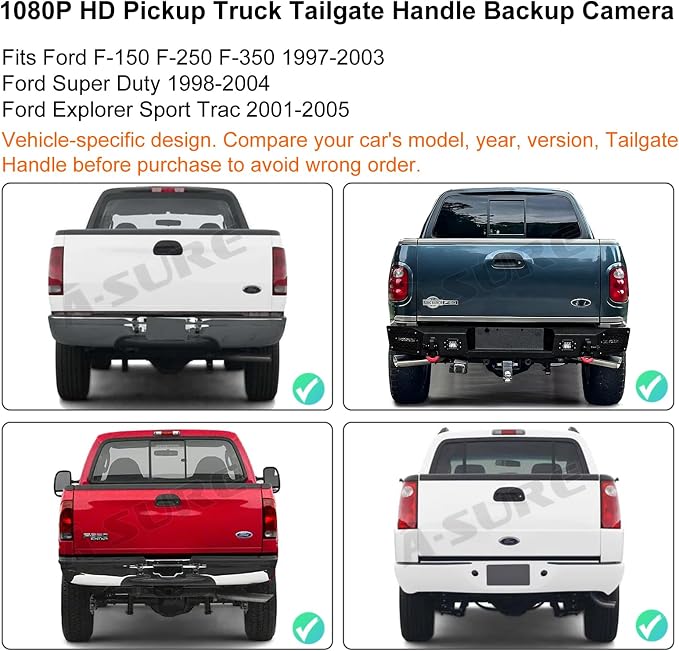ASURE Backup Camera Tailgate Handle for Ford F-150 F-250 F-350 1997-2003 | 1080P HD, 170° View, Starlight Night Vision, IP68 Waterproof, RCA/CVBS, No-Drill, Super Duty 1998-2004, Sport Trac 2001-2005