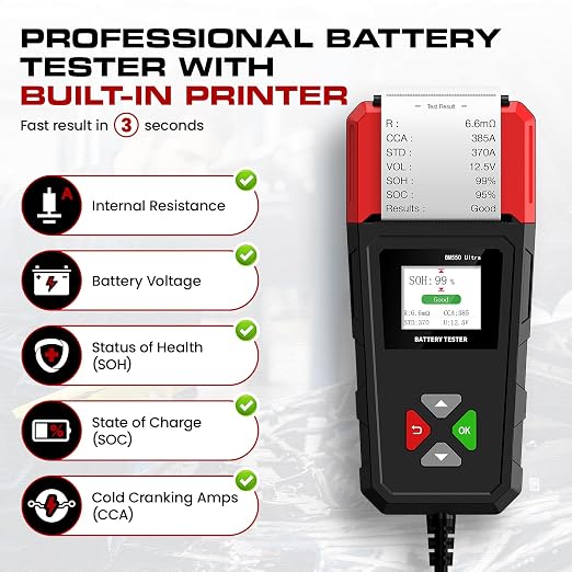 ELMCONFIG Car Battery Tester with Printer, 6V 12V 24V 100-2000CCA Battery Load Tester for Lead-Acid & Lithium ion Batteries, Automotive Digital Battery Analyzer for Car, Truck, Motorcycle, ATV, Boat