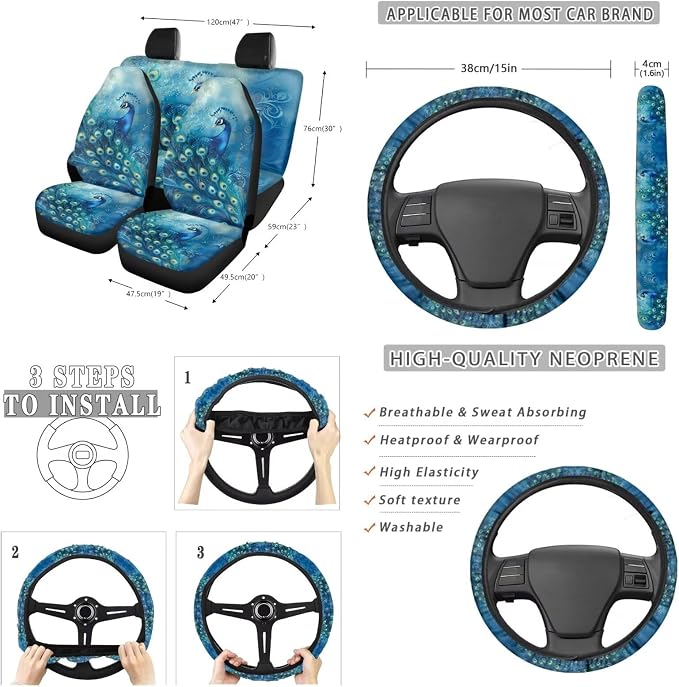 Suobstales Blue Peacock Flower Print 13 PCS Car Accessories Auto Seat Covers Set with Steering Wheel Cover, Seatbelt Pads, Trash Can, Rearview Mirror Cover, Coasters, Keychain for SUV Trunk Sedan