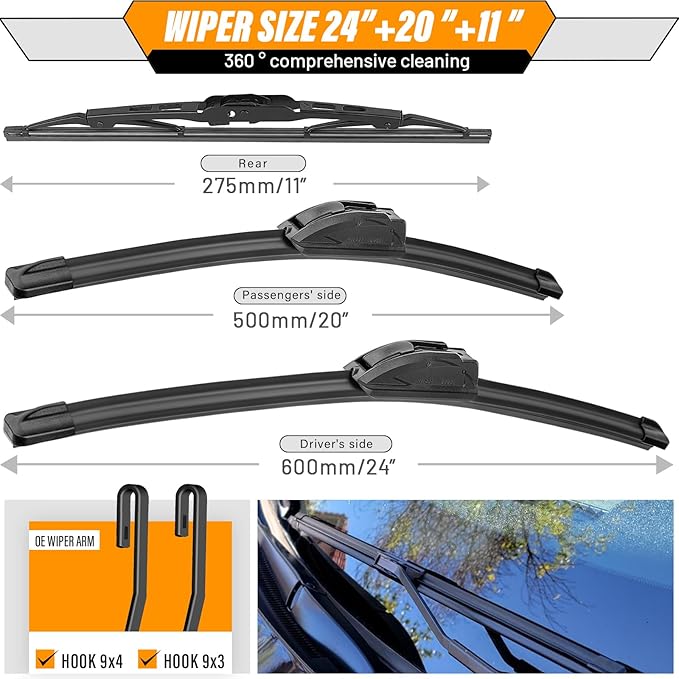 AUTOBOO 24"+20" Windshield Wipers with 11" Rear Wiper Blade Replacement for Cadillac XT5 2017 2018 2019 2020 2021 2022 2023 2024 2025 -Original Factory Quality (Pack of 3)