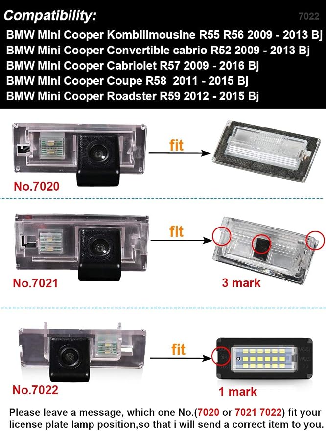 Waterproof License Plate Rear View Backup Camera Night Vision Replacement for BMW Mini Cooper Kombilimousine R55 R56 Convertible Cabrio R52 Cabriolet R57 Coupe R58 Roadster R59(No.7022)