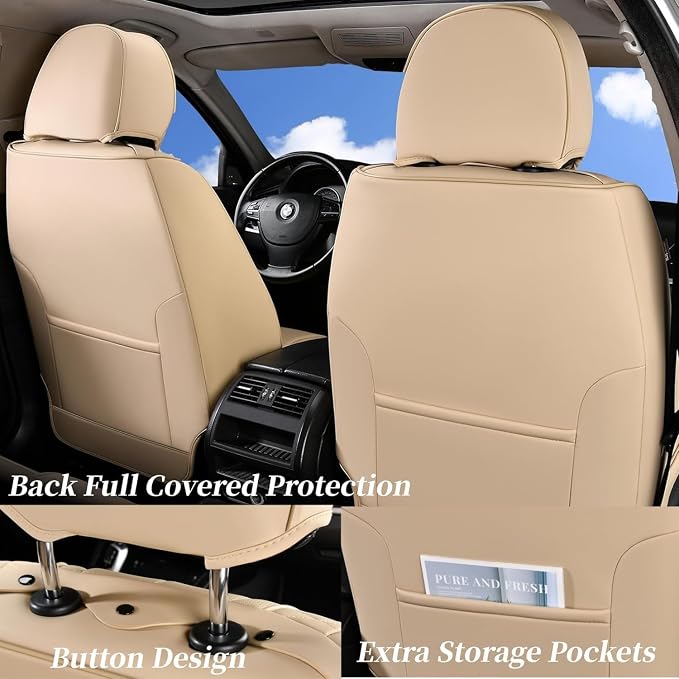 Coverado Car Seat Covers for Front Seat, Leather Seat Covers for Cars, Front Seat Covers, Waterproof Car Seat Protectors Car Seat Cushions Universal for Most Vehicles, Beige