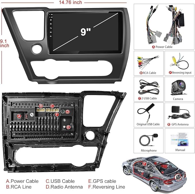 4G+64G Car Radio for Honda Civic 2013-2017(Only US Version) with Wireless Carpaly & Android Auto,9 Inch IPS Touch Screen Car Stereo with GPS Navigation/Bluetooth 5.2/FM/Backup Camera/WiFi/SWC/HiFi