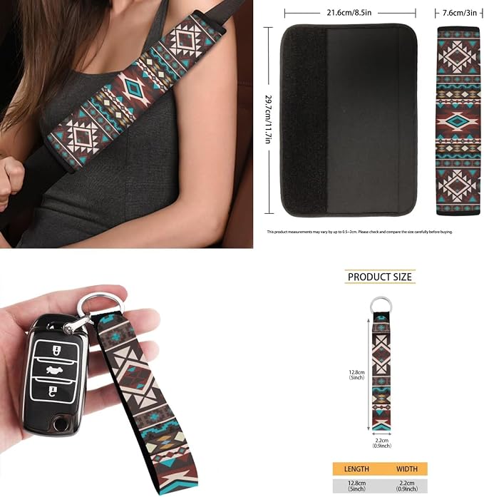 Colorful Geo Car Seat Covers Set of 15 with Universal Steering Wheel Cover, Rearview Mirror Cover, Car Trash Can, Seatbelt Pads, Cup Holder Coasters, Keychains