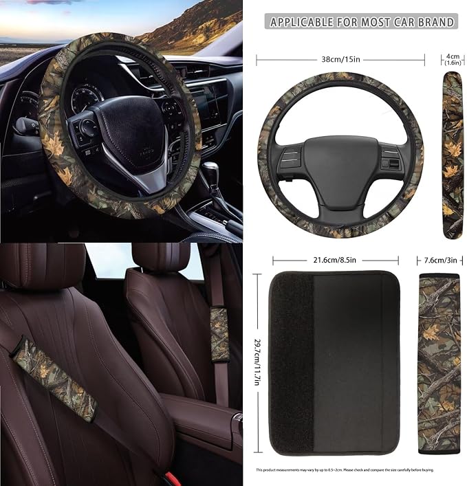 Hunting Camo Pattern Auto Interior Set of 15, Full Set Seat Covers for Cars Steering Wheel Cover Seatbelt Cushion Air Outlet Storage Bag Trash Can Cup Coasters Keychain