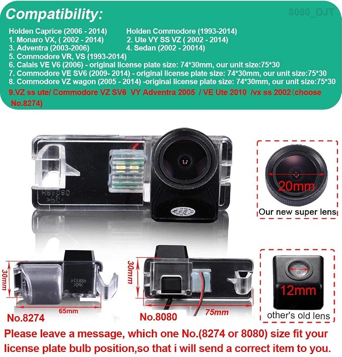 HD 20MM Lens IP68 1280Pixels Auto 170° License Plate Light Rear View Reversing Camera Compatible with Holden Caprice/Commodore Wagon SV6/Monaro VX/Ute VY SS VZ/Adventra/Sedan/Calais VE V6