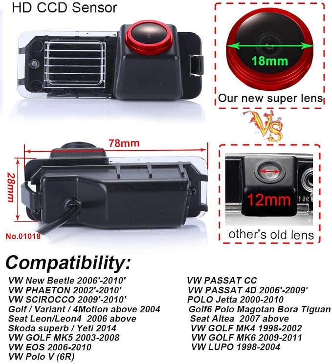 Car Rear View Camera HD 1280x720 Pixel Backup Reverse Camera Replacement for New Beetle Phaeton Scirocco Golf MK5 Seat Leon Skoda Superb Yeti Polo Passat Jetta Magotan Tiguan Altea Lupo