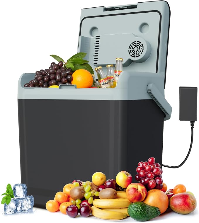 SUNVIVI Electric Cooler & Warmer with Handle, 25QT Portable Thermoelectric Car Refrigerator, Dual Cooling & Heating 12V Mini Fridge with Wind-Cooling System, Plug-in Cooler for Car, Truck, Black