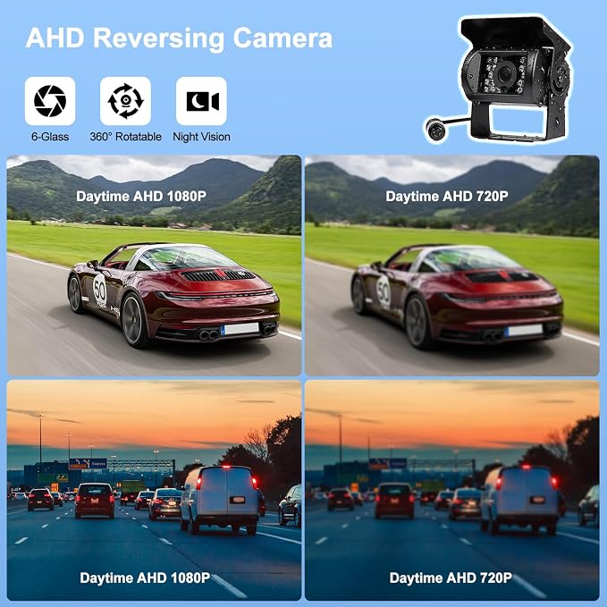 Camecho Vehicle Backup Camera 4 Split Monitor Front View Rear View Camera Auto 18 IR Night Vision Waterproof Aviation 4 Pins Connector LCD Monitor for Trucks RV Trailer Bus