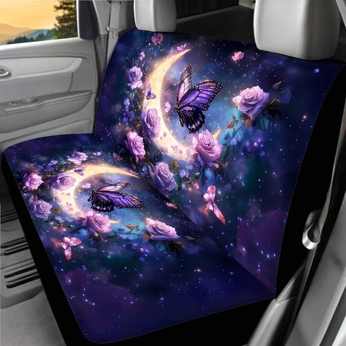Butterfly Moon Car Accessories Full Set 18 Pieces Butterfly Flower Car Seat Covers Full Set Universal Car Seat Belt Pads Cover Car Headrest Covers Cup Coasters Keychain Car Trash Can
