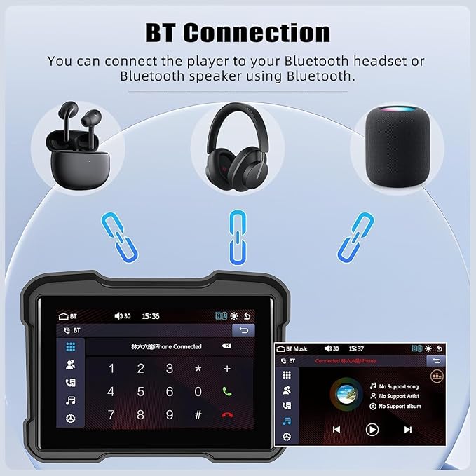 CAMECHO Motorcycle Wireless CarPlay & Android Auto Screen, 5" Waterproof AHD for Moto Motorbike Touchscreen Car Stereo Support Bluetooth, GPS, Siri, USB TF EQ 12V