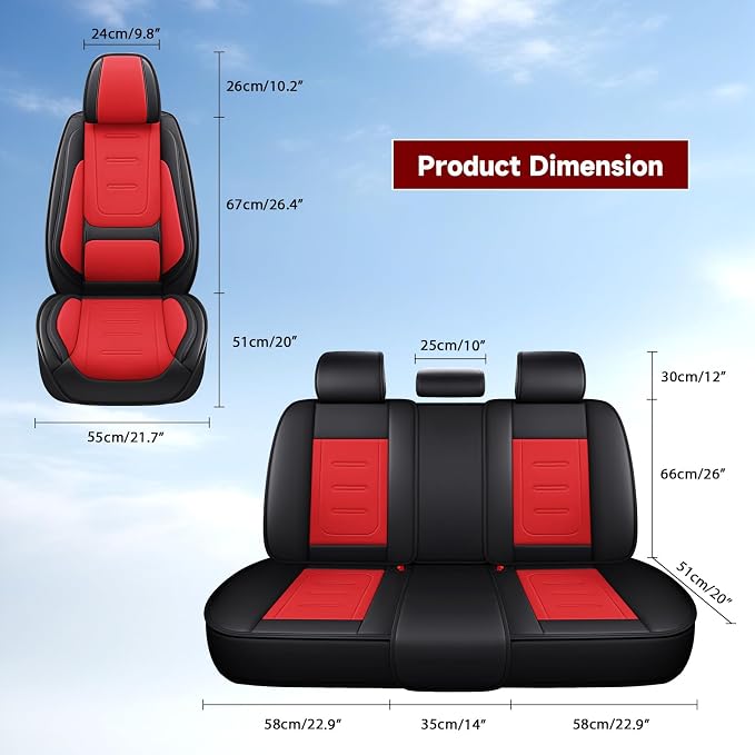 otoez Nappa Leather Car Seat Covers Full Set, Breathable Leather Automotive Seat Covers Front & Rear Seat Protectors with Lumbar Support, Universal Fit for Most 5 Seats Cars SUV Truck Sedan(Black+Red)