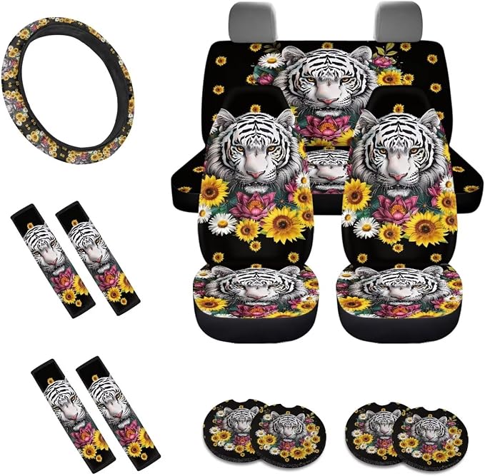 Tiger Sunflower Daisy Print Car Seat Covers Full Set, Car Accessories Set of 13, Universal Fit Steering Wheel Cover + Safe Belts Cover + Coasters with Notch for Trucks SUV Van