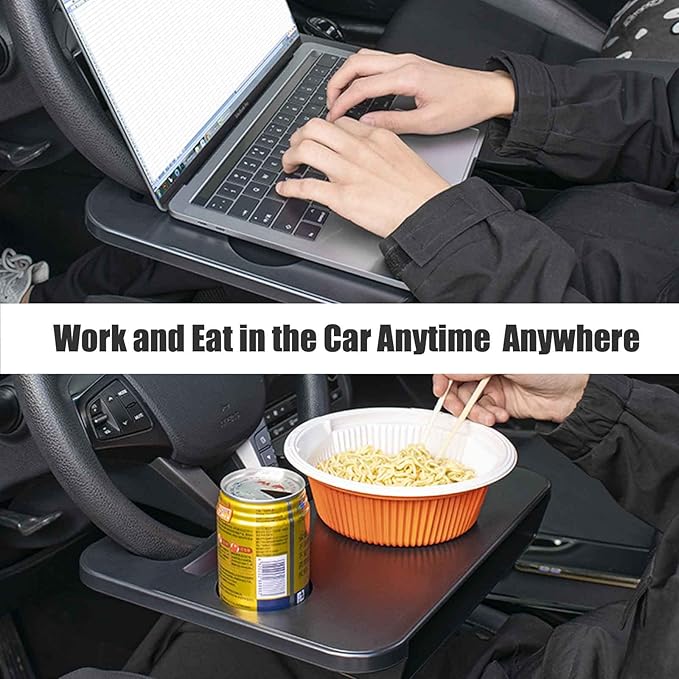 Double-use Steering Wheel Tray(14.5*11inch), Car Food Trays for Eating with Drinks Holder, Car Trays for Eating for Pad Laptop, Multipurpose Travel Car Accessories, Fits Most Vehicles Steering Wheels