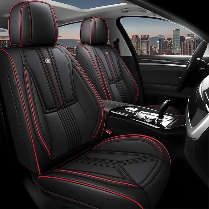 Arazi Fit for 98% of Mazda Seat Covers, 360° Full Wrap Original Seat Cover, Waterproof Nappa Leather Seat Covers with Big Space Storage Pocket Seat Protector（5 Seats Standard, Black&Red Line）