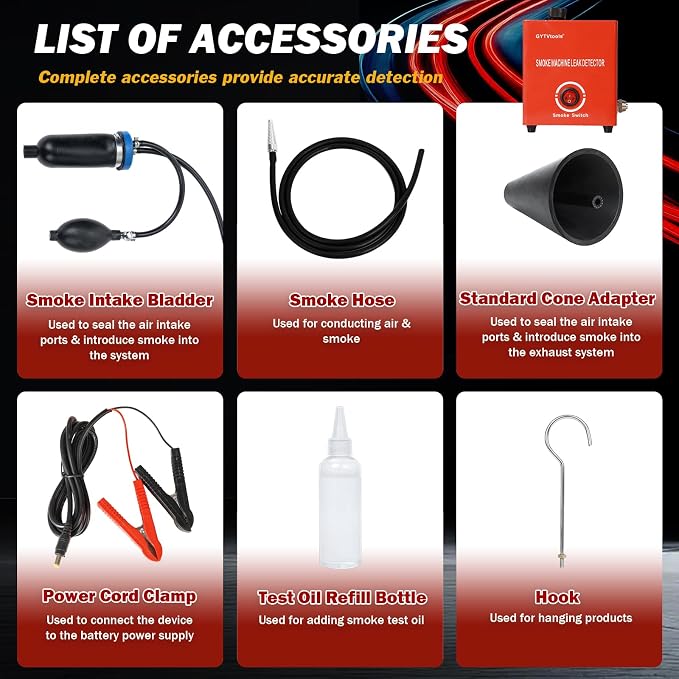 Smoke Leak Detector ，Automotive Smoke Machine， for Detecting leaks in Vacuum, Fuel, EVAP and Other Automotive Systems. (Red Strap Model)