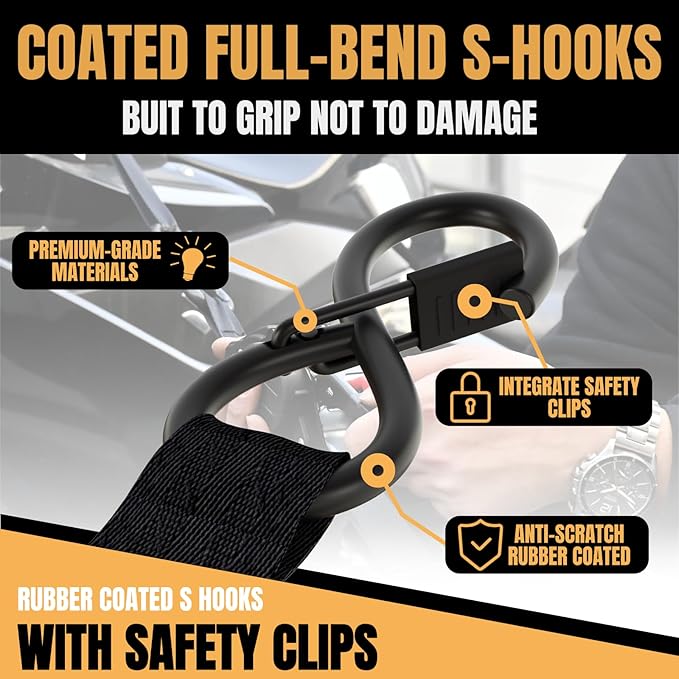 Retractable Ratchet Straps Heavy Duty Tie Down 1''*12ft Breaking Strength 1760LBS Cargo Securing System, for Motorcycle, Jetski, Kayak(2 Pack,Black)