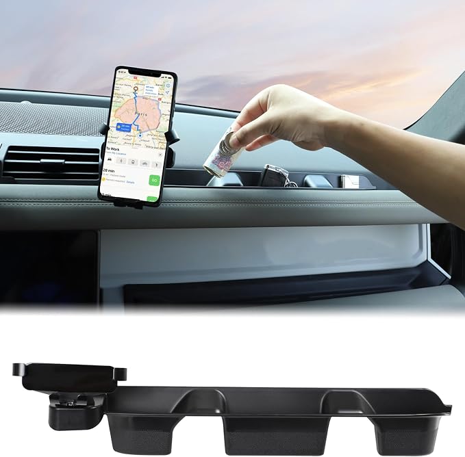 Aunginsy Co-pilot Dashboard Organizer Tray Compatible with Land Rover Defender 90/110/130 2020-2026,Center Console Passenger Side Storage Box Container Insert Groove ABS Accessories(With Phone Holder)