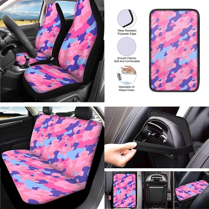 Camouflage Car Seat Covers Set of 13, Rainbow Camo Steering Wheel Cover Armrest Cover Seatbelt Covers Cup Mats, Modern Minimalism Easy to Install Car Seat Cover
