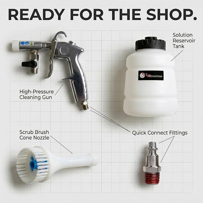 LE LEMATEC Interior Detailing Gun, Air Foam Car Wash Tool with Scrub Brush | Cleans Upholstery Carpet Vents Seats, Pneumatic Tornado Cannon, Solution Bottle, Auto Detail Kit