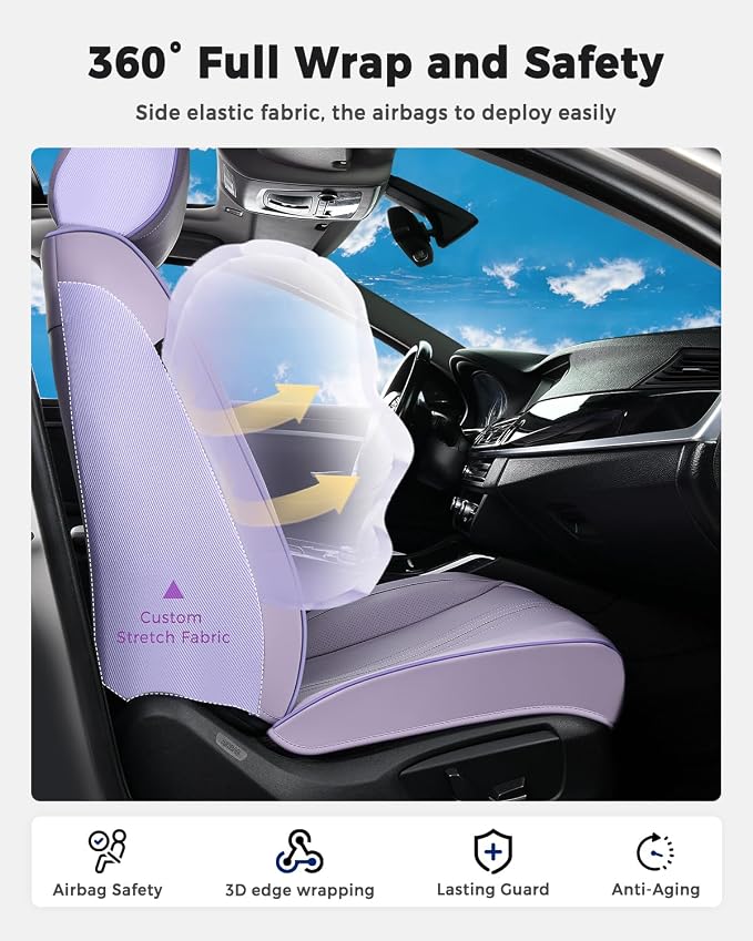 Huidasource Purple Front Seat Cover, Luxury Faux Leather Front Car Seat Cover, Compatible with Airbags, Seatbelt Buckles, Perforation, Cooling＆Heating, Universal Fit for Most Cars, Vans, Trucks, SUVs