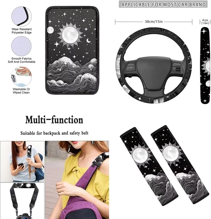Mumeson Moon Car Seat Covers with 15 Inches Car Rubber Steering Wheel Cover 2 Pack Car Seatbelt Cushion Covers Soft Armrest Cover Universal Fit Cars Truck SUVs Van Most Vehicle