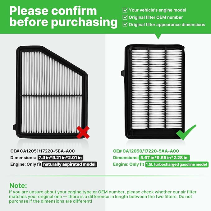 Engine+Cabin Air Filters Fit for (All Only Gas, Not Hybrid) Honda Civic L4 1.5L Turbo 2016-2021, CR-V CRV L4 1.5L Turbo 2017-2022 Engine Air Filter Replace# CF11182 CA12050