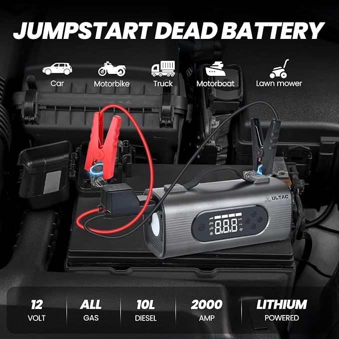 8 in 1 Jump Starter with Air Compressor 2000A Mini Vacuum Cleaner, 12V Batterty Jumper Starter Portable (All Gas/10L Diesel)150PSI Air Pump for Inflation/Deflation Tire Inflator with 4 Modes LED Light