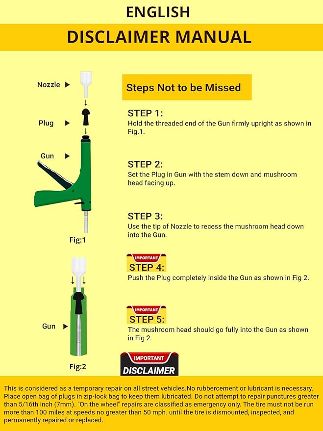 GRAND PITSTOP Tubeless Tire Gun Puncture Repair Kit with Mushroom Plug for Tyre Punctures and Flats on Cars, Motorcycles, ATV, Trucks & Tractors (Gun Puncture kit 15 Plugs, Green)